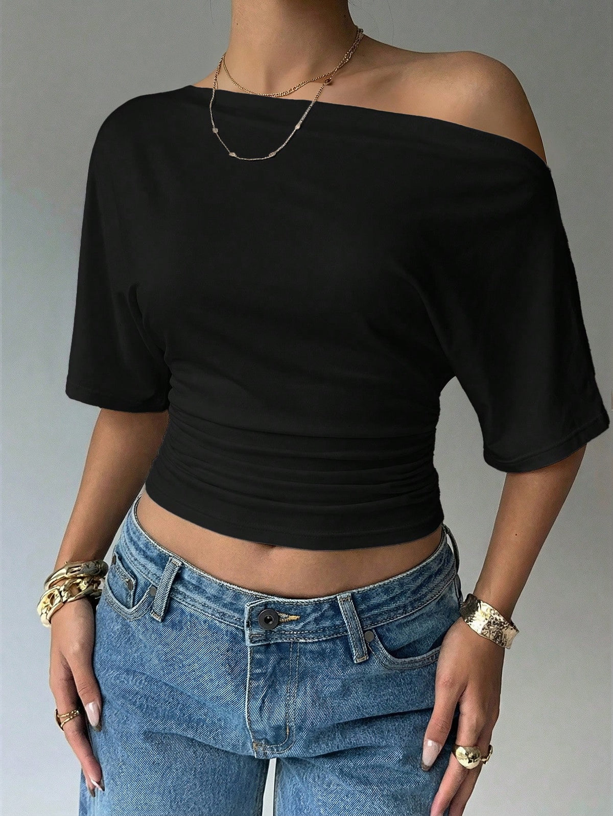 Aloruh Asymmetric Shoulder Loose Top With Cinched Waist, Minimalist Basic T-Shirt,Summer Top