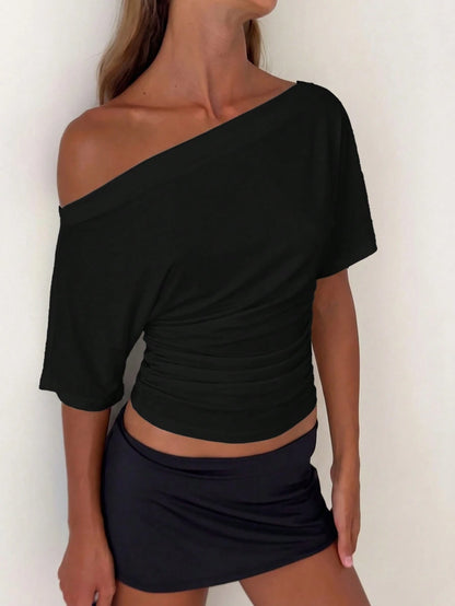 Aloruh Asymmetric Shoulder Loose Top With Cinched Waist, Minimalist Basic T-Shirt,Summer Top