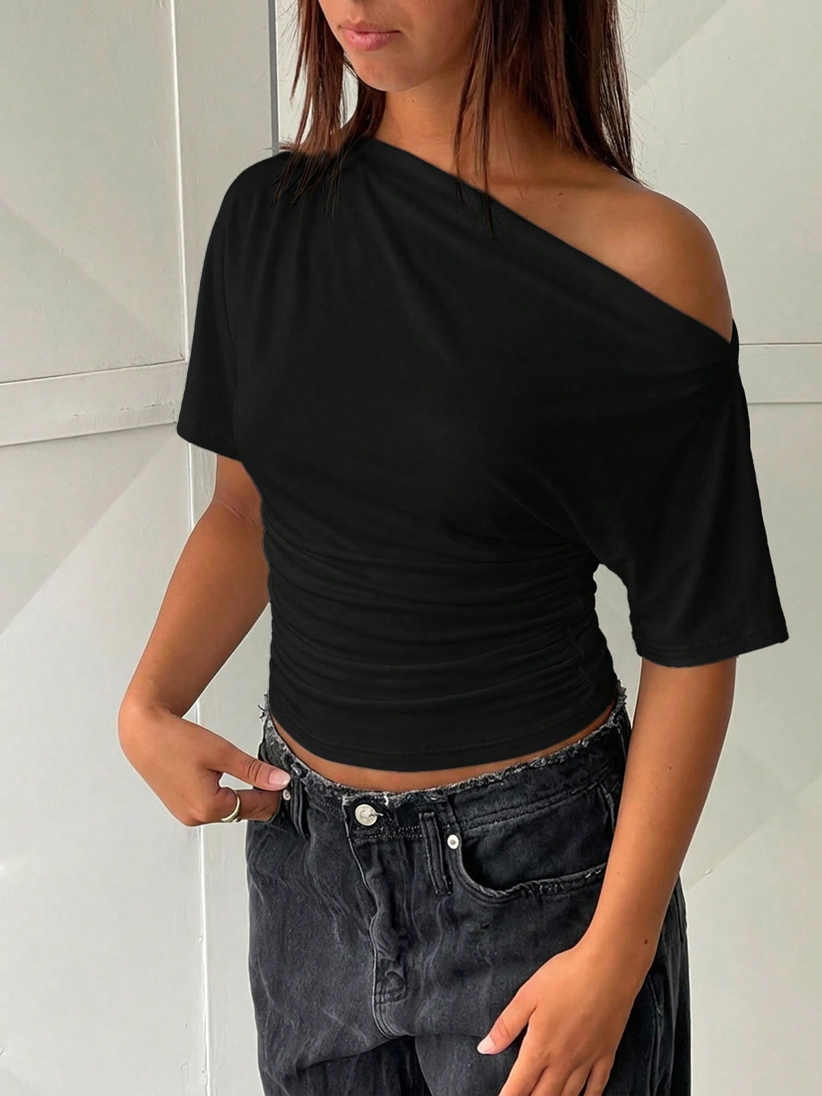 Aloruh Asymmetric Shoulder Loose Top With Cinched Waist, Minimalist Basic T-Shirt,Summer Top