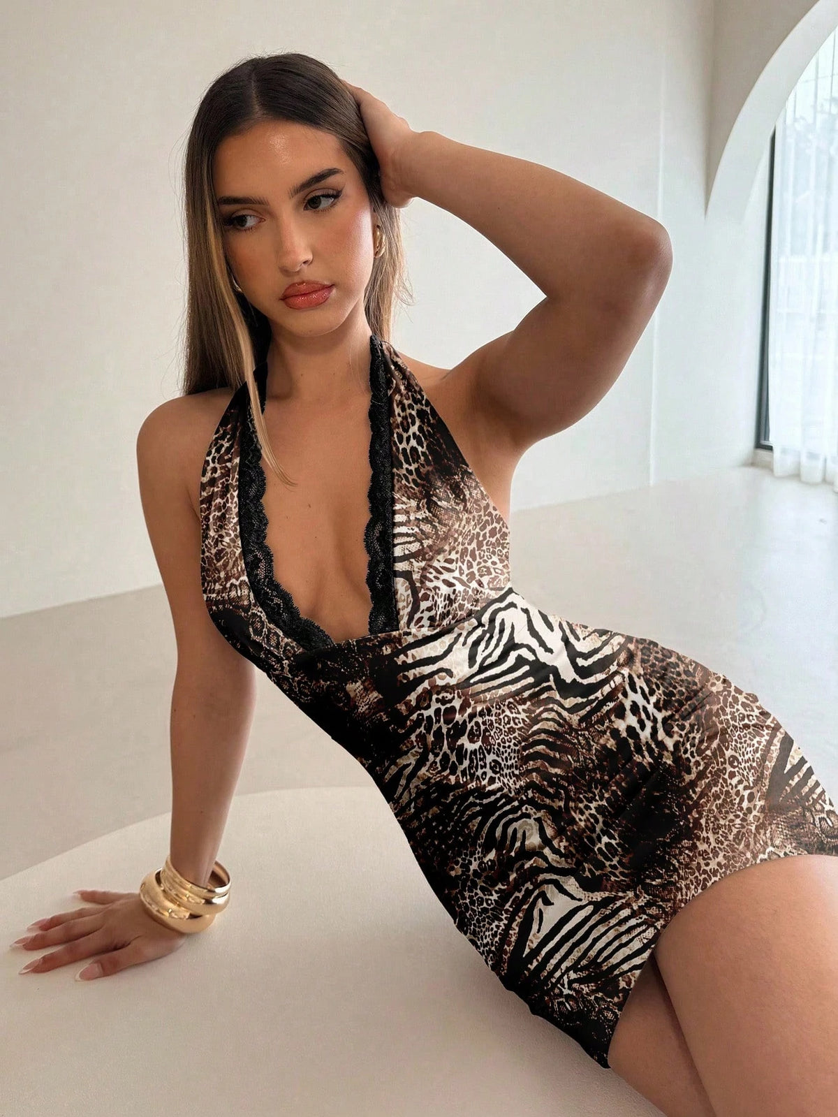 Aloruh Elegant Vacation Lace Patchwork Sexy Leopard & Zebra Tie Dye Print Halter Mini Dress, Suitable For Summer,Summer Dresses For Women