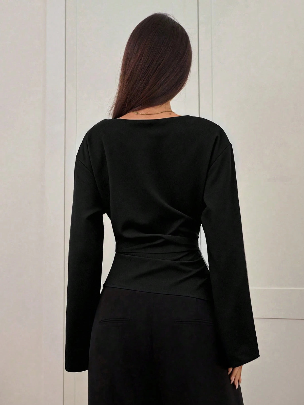 Aloruh Women's Autumn/Winter New Stylish Commuter Waist Ruched Slimming Asymmetric Hem Long Flare Sleeve V-Neck Pullover Blouse,Elegant Blouses For Women