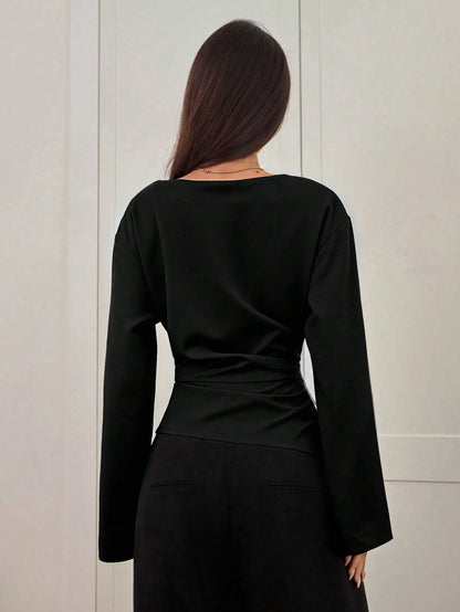 Aloruh Women's Autumn/Winter New Stylish Commuter Waist Ruched Slimming Asymmetric Hem Long Flare Sleeve V-Neck Pullover Blouse,Elegant Blouses For Women