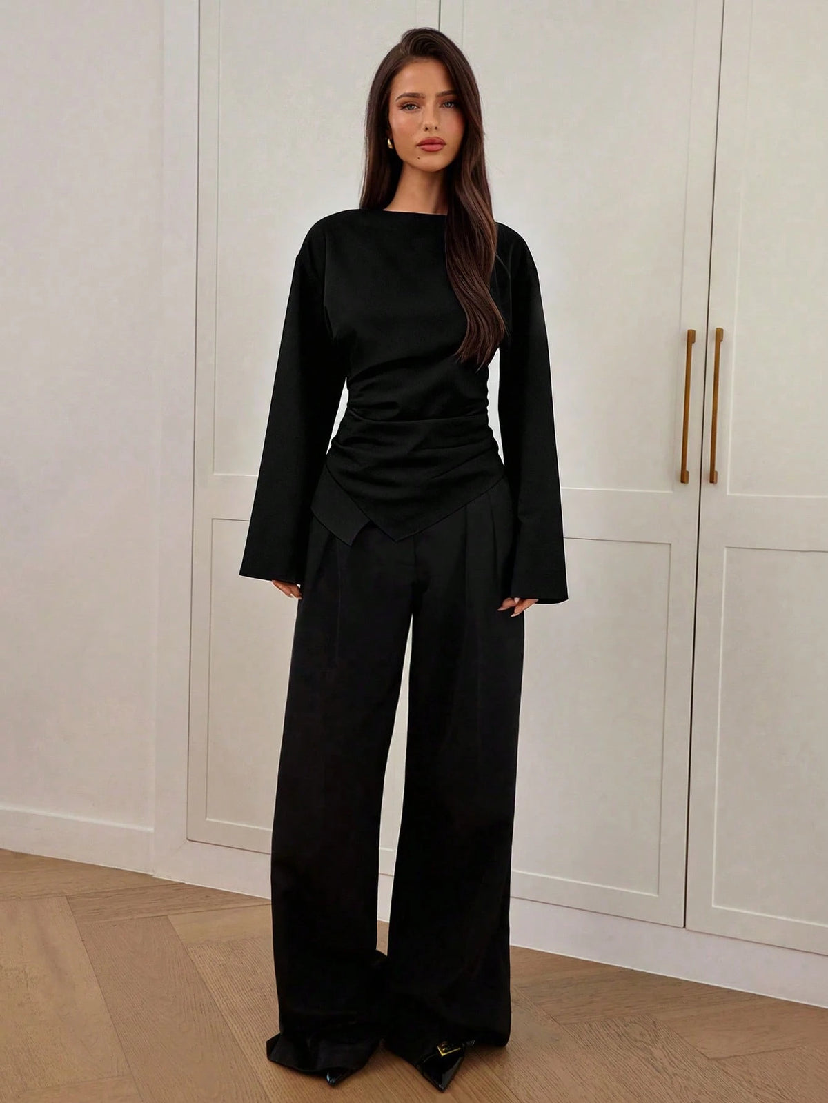 Aloruh Women's Autumn/Winter New Stylish Commuter Waist Ruched Slimming Asymmetric Hem Long Flare Sleeve V-Neck Pullover Blouse,Elegant Blouses For Women