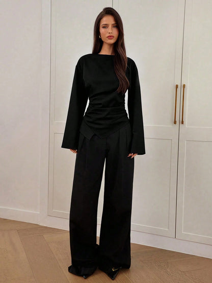 Aloruh Women's Autumn/Winter New Stylish Commuter Waist Ruched Slimming Asymmetric Hem Long Flare Sleeve V-Neck Pullover Blouse,Elegant Blouses For Women
