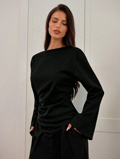 Aloruh Women's Autumn/Winter New Stylish Commuter Waist Ruched Slimming Asymmetric Hem Long Flare Sleeve V-Neck Pullover Blouse,Elegant Blouses For Women