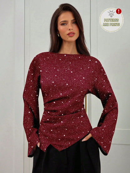 Aloruh Women's Autumn/Winter New Stylish Commuter Waist Ruched Slimming Asymmetric Hem Long Flare Sleeve V-Neck Pullover Blouse,Elegant Blouses For Women