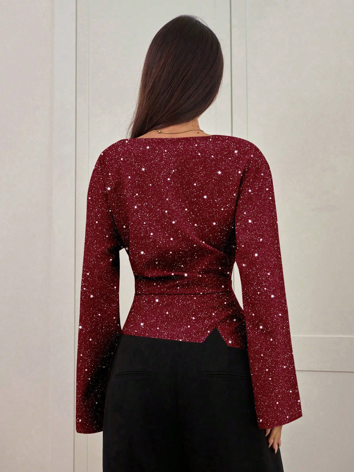 Aloruh Women's Autumn/Winter New Stylish Commuter Waist Ruched Slimming Asymmetric Hem Long Flare Sleeve V-Neck Pullover Blouse,Elegant Blouses For Women