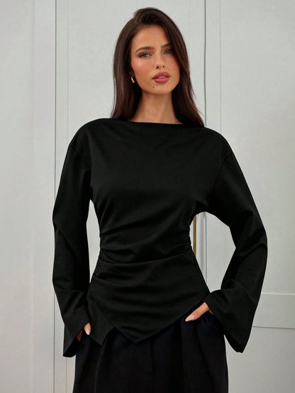 Aloruh Women's Autumn/Winter New Stylish Commuter Waist Ruched Slimming Asymmetric Hem Long Flare Sleeve V-Neck Pullover Blouse,Elegant Blouses For Women