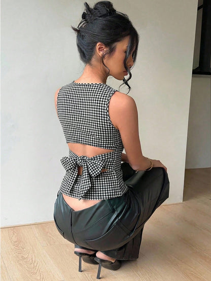 Aloruh Women's Backless Bow Tie Round Neck Sleeveless Blouse, Suitable For Commuting And Daily Wear, Checkered Top, Gingham Back Top,Summer