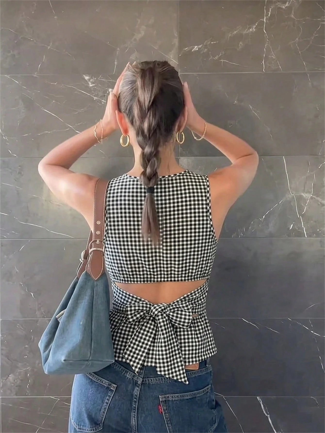 Aloruh Women's Backless Bow Tie Round Neck Sleeveless Blouse, Suitable For Commuting And Daily Wear, Checkered Top, Gingham Back Top,Summer