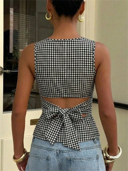 Aloruh Women's Backless Bow Tie Round Neck Sleeveless Blouse, Suitable For Commuting And Daily Wear, Checkered Top, Gingham Back Top,Summer