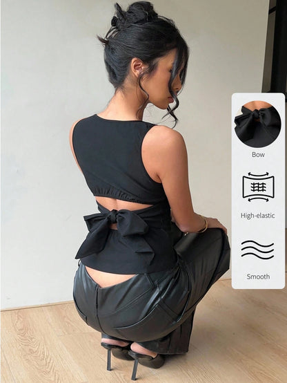 Aloruh Women's Backless Bow Tie Round Neck Sleeveless Blouse, Suitable For Commuting And Daily Wear, Checkered Top, Gingham Back Top,Summer