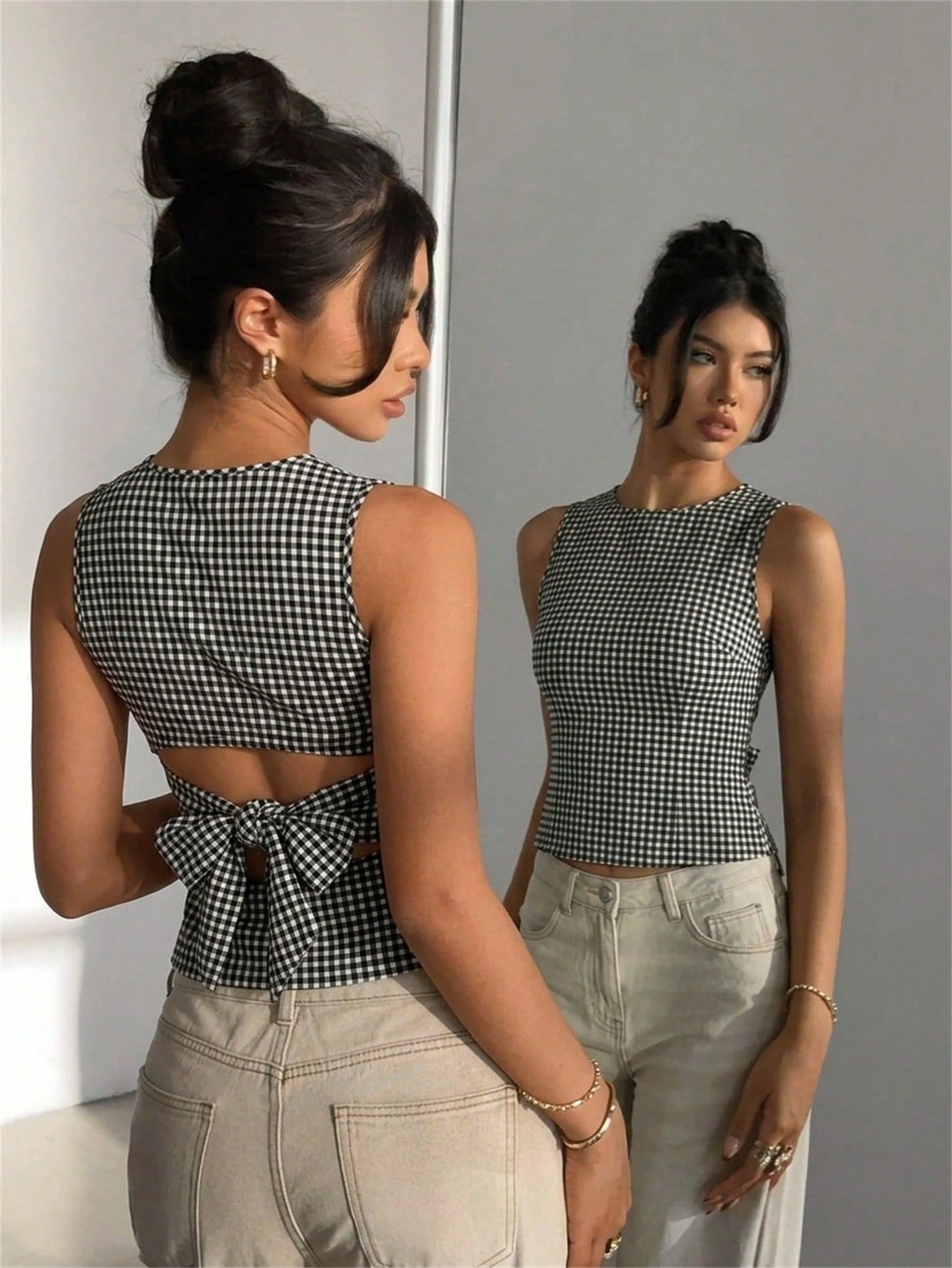 Aloruh Women's Backless Bow Tie Round Neck Sleeveless Blouse, Suitable For Commuting And Daily Wear, Checkered Top, Gingham Back Top,Summer