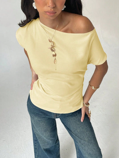 Aloruh Women's Casual Solid Color Asymmetrical Pleated Collar Fitted Blouse, Summer Yellow