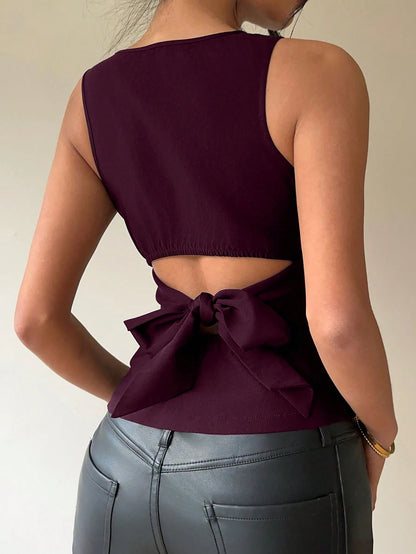 Aloruh Women's Commute & Casual Backless Bow Tie Round Neck Sleeveless Blouse,,For Daily,Office,Outgoing