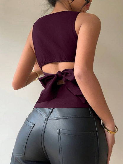 Aloruh Women's Commute & Casual Backless Bow Tie Round Neck Sleeveless Blouse,,For Daily,Office,Outgoing