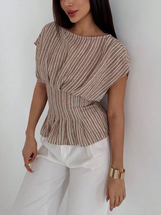 Aloruh Women's Elegant French Round Neck Casual Brown And White Short-Sleeved Shirt, Everyday Commuting Office Top, Outing Cinched Waist Teachers' Day Summer