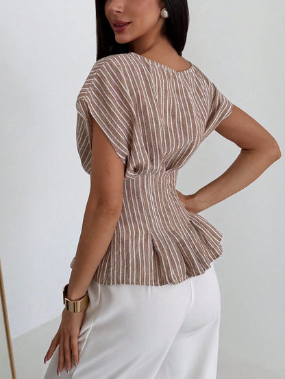 Aloruh Women's Elegant French Round Neck Casual Brown And White Short-Sleeved Shirt, Everyday Commuting Office Top, Outing Cinched Waist Teachers' Day Summer