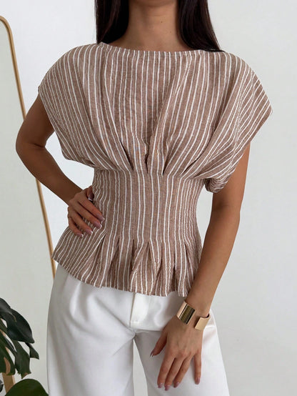 Aloruh Women's Elegant French Round Neck Casual Brown And White Short-Sleeved Shirt, Everyday Commuting Office Top, Outing Cinched Waist Teachers' Day Summer