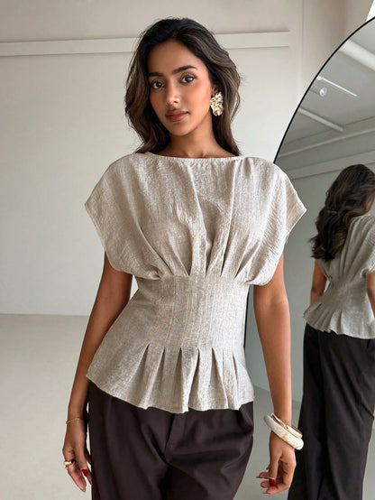 Aloruh Women's Elegant French Round Neck Casual Brown And White Short-Sleeved Shirt, Everyday Commuting Office Top, Outing Cinched Waist Teachers' Day Summer