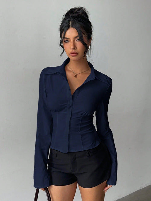 Aloruh Women's Elegant Navy Blue Shirt,Solid Color Pleated Waist Long Sleeve Blouse,Versatile For Office,Autumn,Commuting,Daily Wear,Business Casual Top