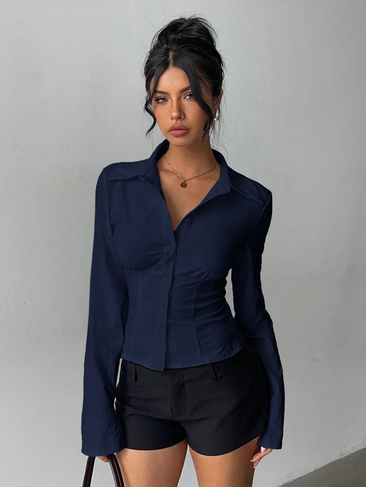 Aloruh Women's Elegant Navy Blue Shirt,Solid Color Pleated Waist Long Sleeve Blouse,Versatile For Office,Autumn,Commuting,Daily Wear,Business Casual Top
