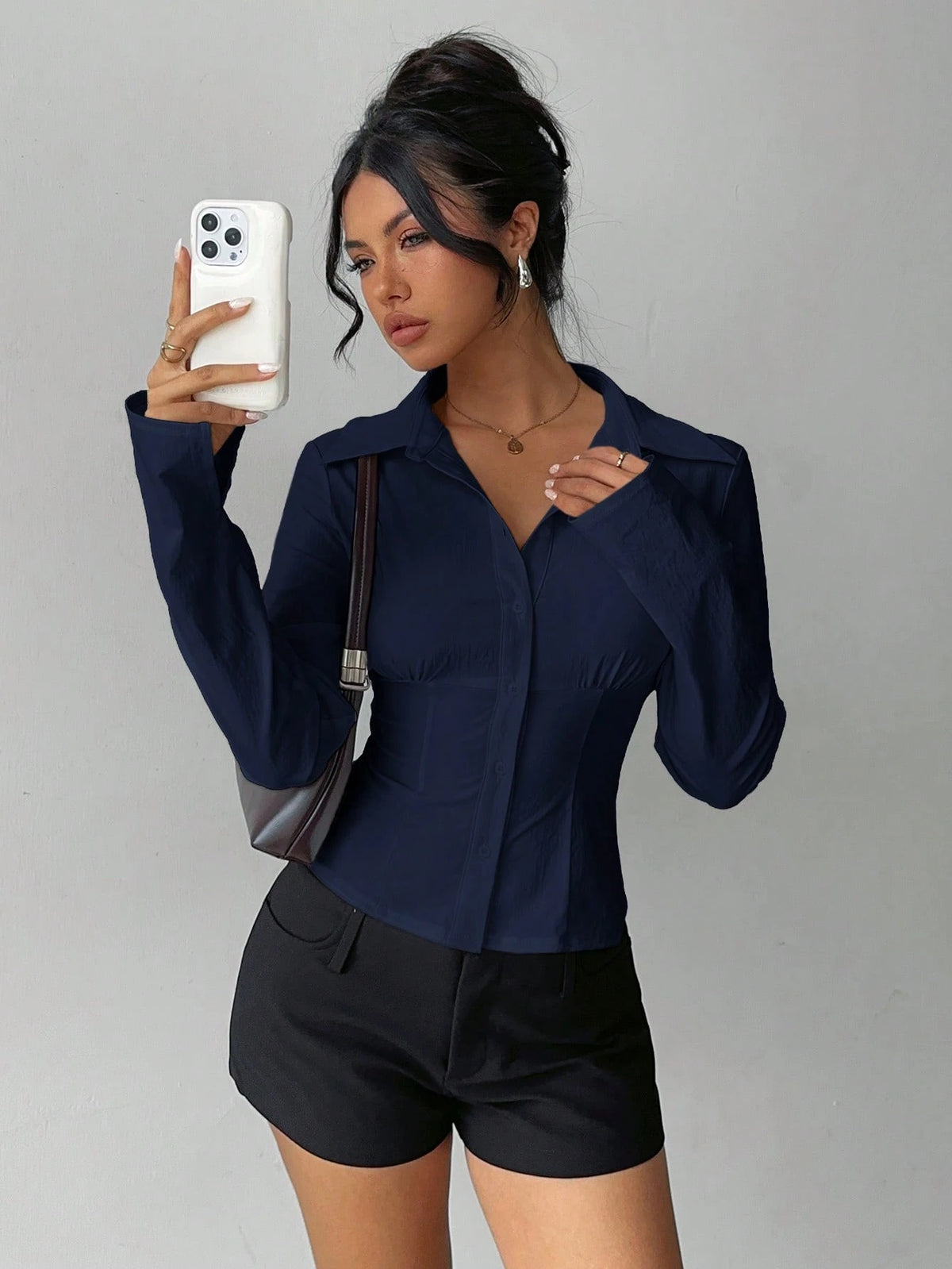 Aloruh Women's Elegant Navy Blue Shirt,Solid Color Pleated Waist Long Sleeve Blouse,Versatile For Office,Autumn,Commuting,Daily Wear,Business Casual Top