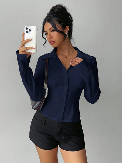 Aloruh Women's Elegant Navy Blue Shirt,Solid Color Pleated Waist Long Sleeve Blouse,Versatile For Office,Autumn,Commuting,Daily Wear,Business Casual Top