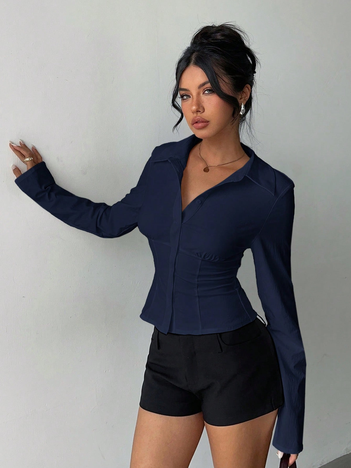 Aloruh Women's Elegant Navy Blue Shirt,Solid Color Pleated Waist Long Sleeve Blouse,Versatile For Office,Autumn,Commuting,Daily Wear,Business Casual Top