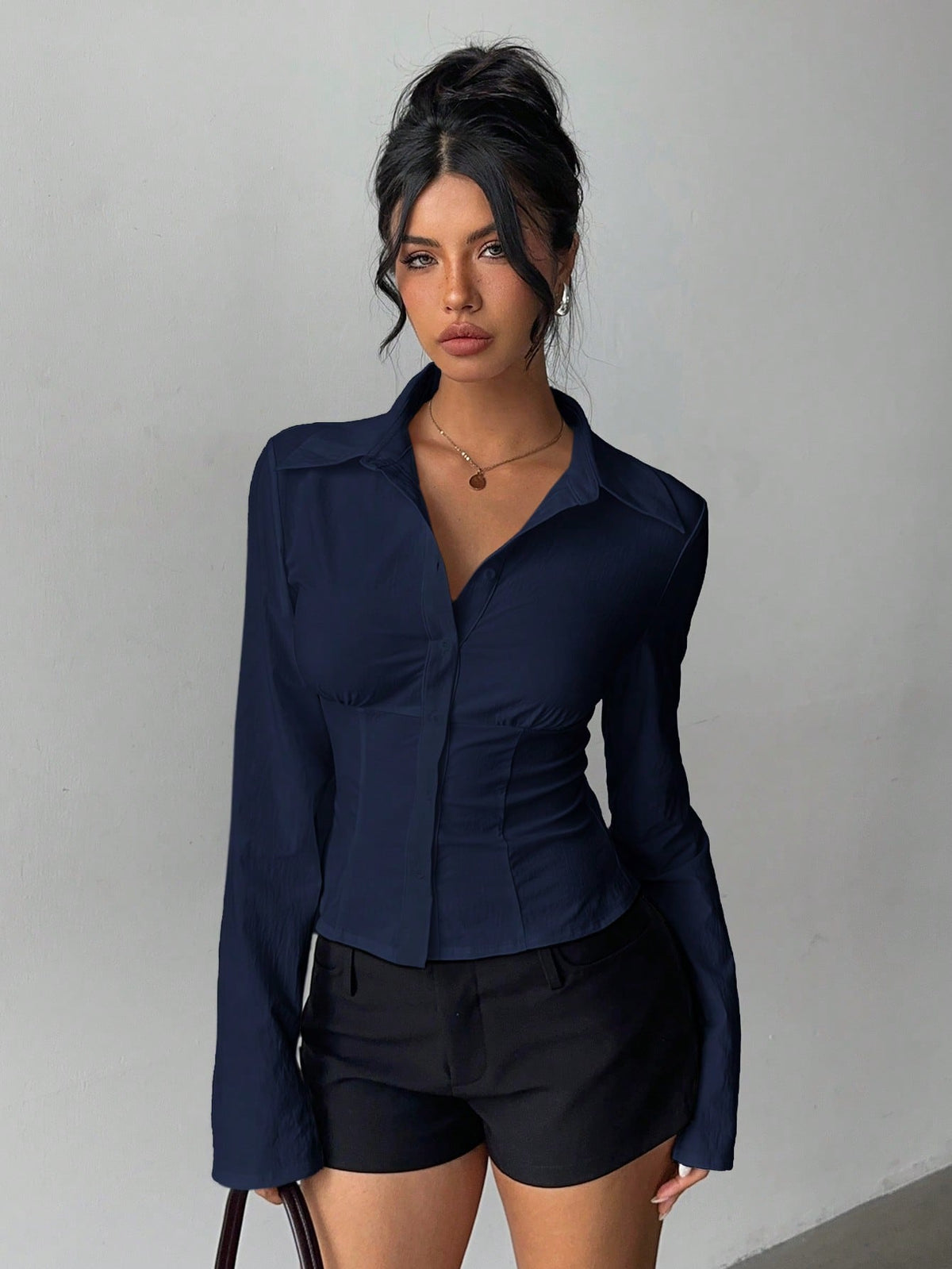 Aloruh Women's Elegant Navy Blue Shirt,Solid Color Pleated Waist Long Sleeve Blouse,Versatile For Office,Autumn,Commuting,Daily Wear,Business Casual Top