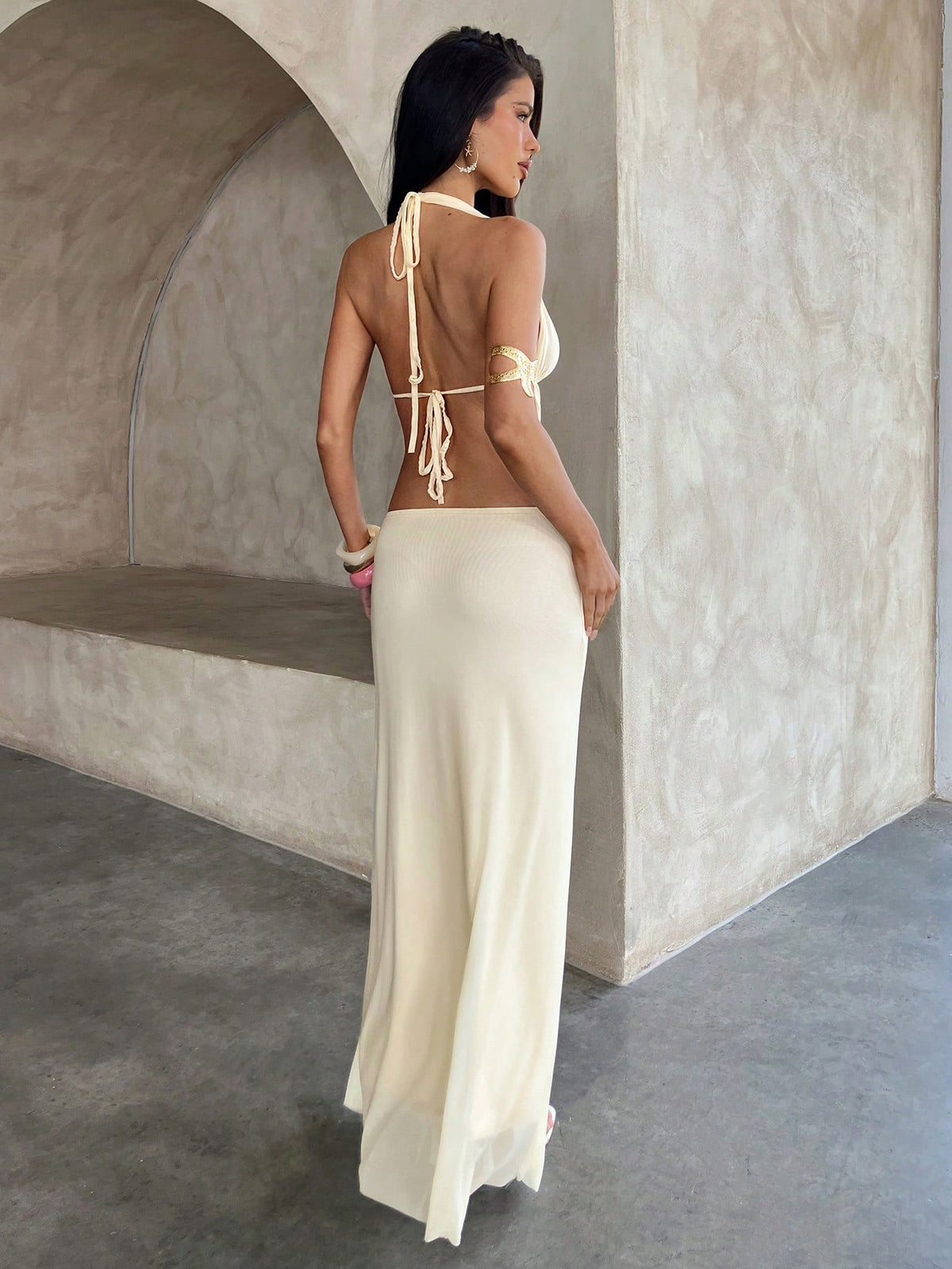 Aloruh Women's Elegant Tropical Cream White Bohemian Sheer Backless Long Dress Casual Summer Holiday Vacation Beach Music Festival Party Wedding Guest Outfit