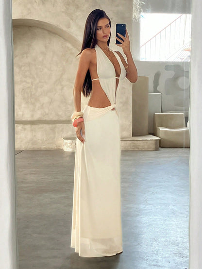 Aloruh Women's Elegant Tropical Cream White Bohemian Sheer Backless Long Dress Casual Summer Holiday Vacation Beach Music Festival Party Wedding Guest Outfit