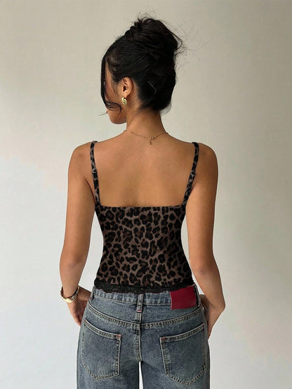 Aloruh Women's Sexy Elegant Y2K Leopard Print Lace Patchwork Camisole, Sexy Leopard Print Camisole, Casual Leopard Print Camisole,Summer Top