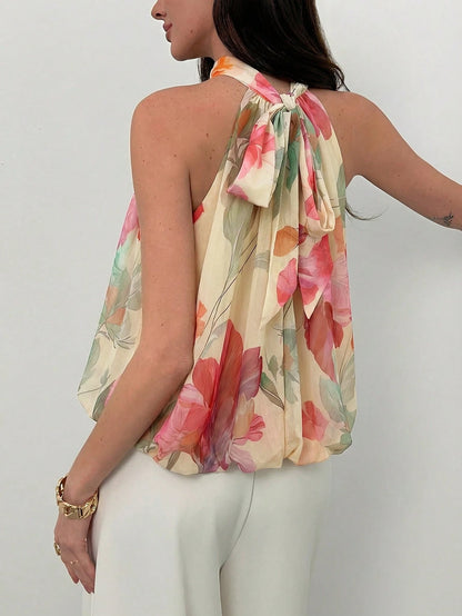 Aloruh Women's Summer Elegant Floral Print Pale Yellow Chiffon Blouse, Date Night Vacation Party Halter Neck Sleeveless Loose Babydoll Top, Tropical Wedding