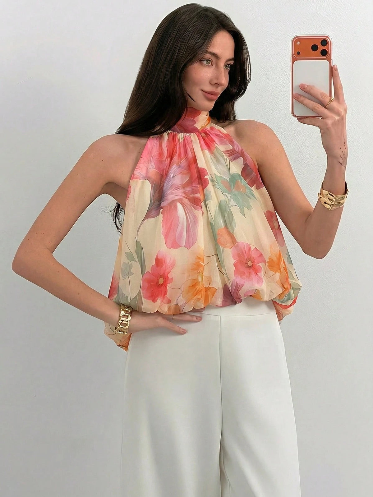 Aloruh Women's Summer Elegant Floral Print Pale Yellow Chiffon Blouse, Date Night Vacation Party Halter Neck Sleeveless Loose Babydoll Top, Tropical Wedding