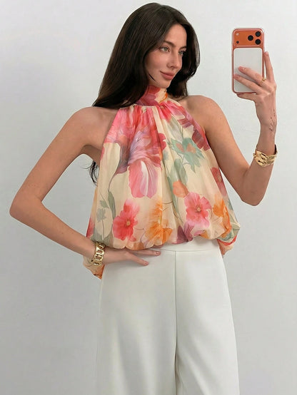 Aloruh Women's Summer Elegant Floral Print Pale Yellow Chiffon Blouse, Date Night Vacation Party Halter Neck Sleeveless Loose Babydoll Top, Tropical Wedding