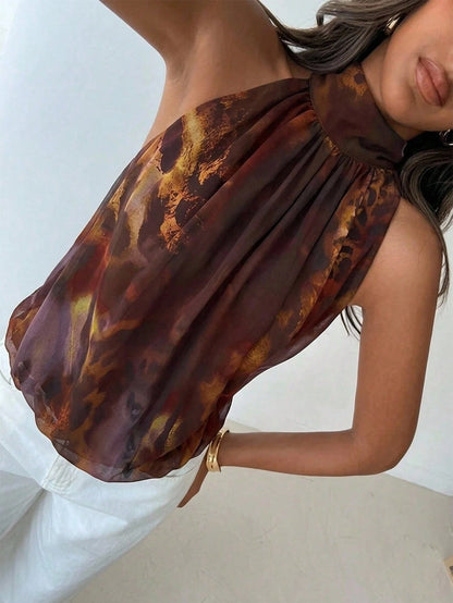 Aloruh Women's Summer Elegant Floral Print Pale Yellow Chiffon Blouse, Date Night Vacation Party Halter Neck Sleeveless Loose Babydoll Top, Tropical Wedding