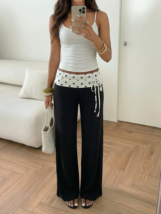 Aloruh Women's Summer New Black And White Polka Dot Elegant 70s Sexy Casual Daily Vacation Commute Date Dinner Minimalist Fashionable Modern Long Pants