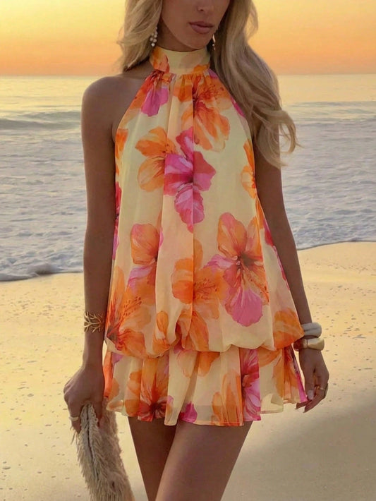Aloruh Women's Summer Vacation Orange Halter Backless Mini Dress Holiday Holiday Vacation Boho Tropical,Summer Dresses For Women Vacation Beach