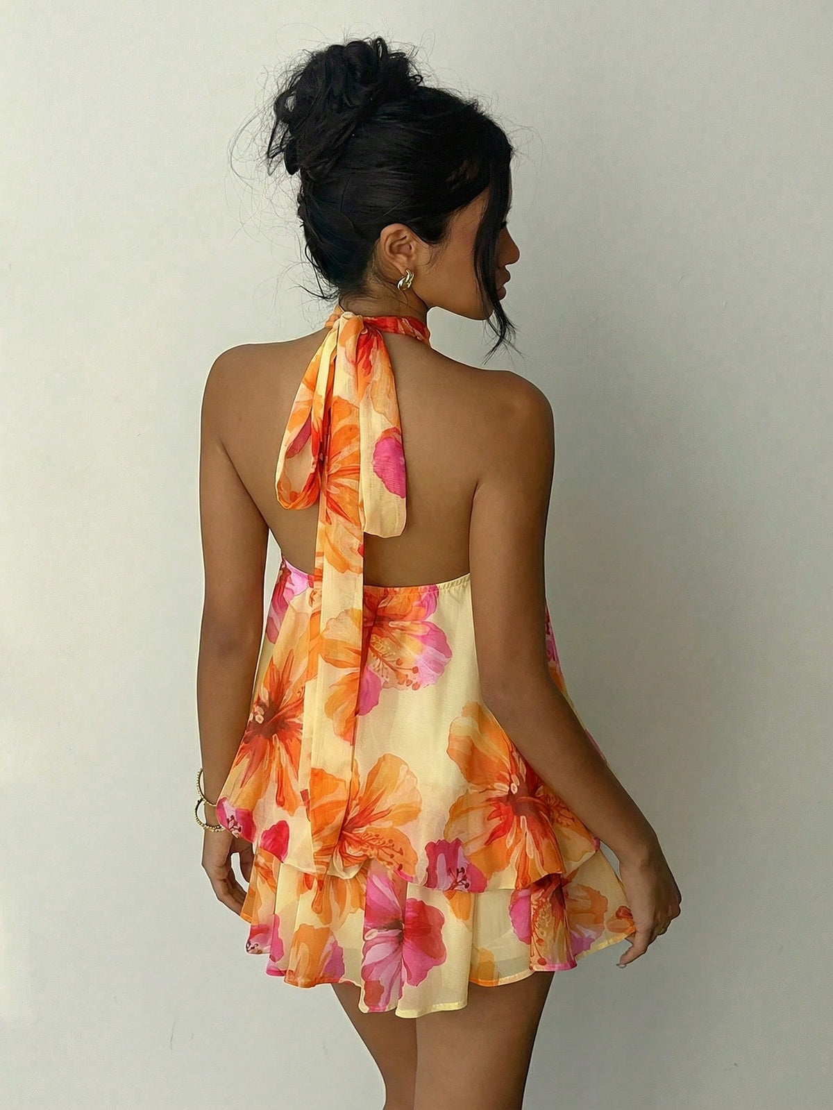 Aloruh Women's Summer Vacation Orange Halter Backless Mini Dress Holiday Holiday Vacation Boho Tropical,Summer Dresses For Women Vacation Beach
