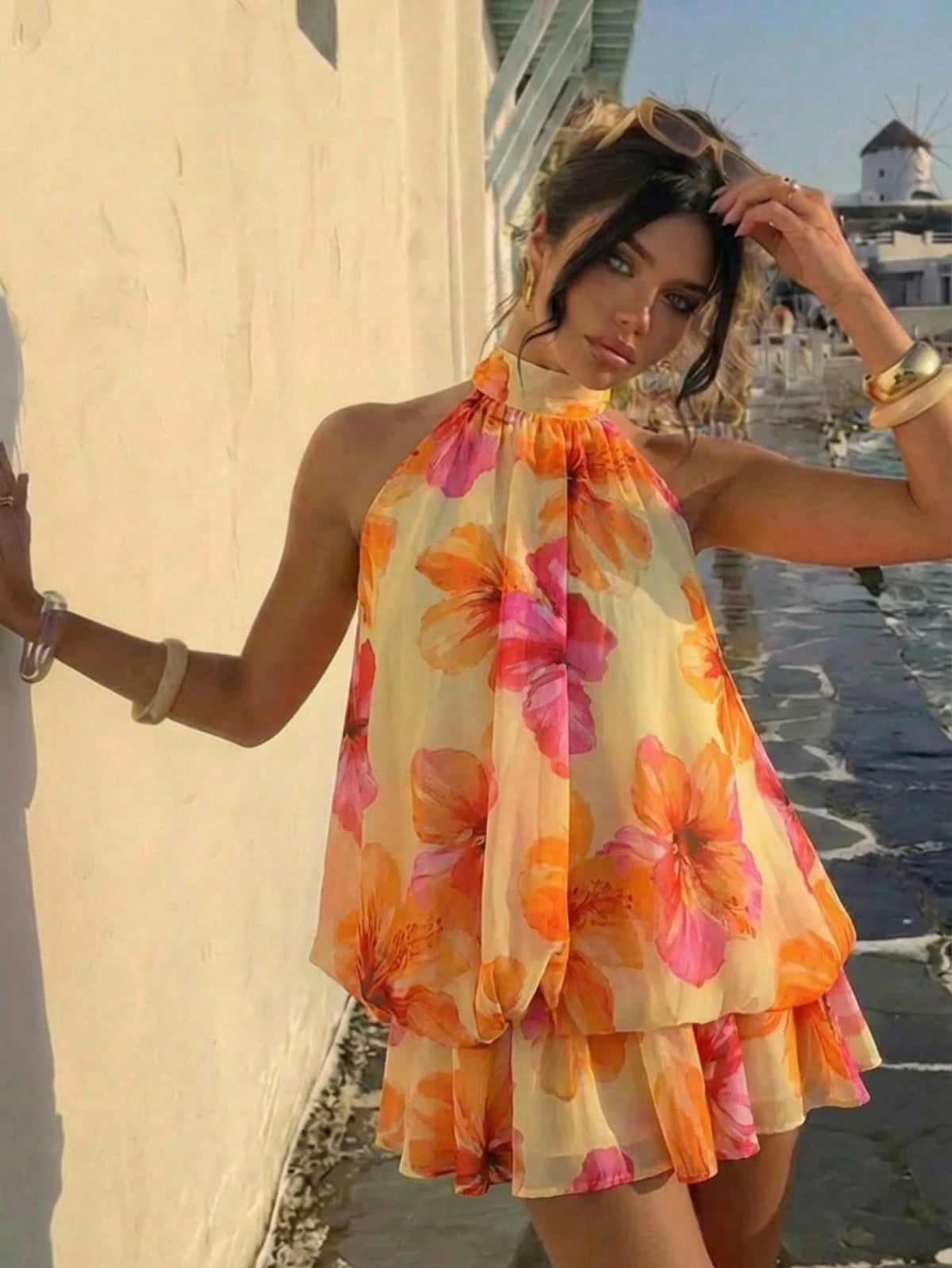 Aloruh Women's Summer Vacation Orange Halter Backless Mini Dress Holiday Holiday Vacation Boho Tropical,Summer Dresses For Women Vacation Beach