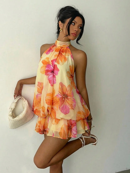 Aloruh Women's Summer Vacation Orange Halter Backless Mini Dress Holiday Holiday Vacation Boho Tropical,Summer Dresses For Women Vacation Beach