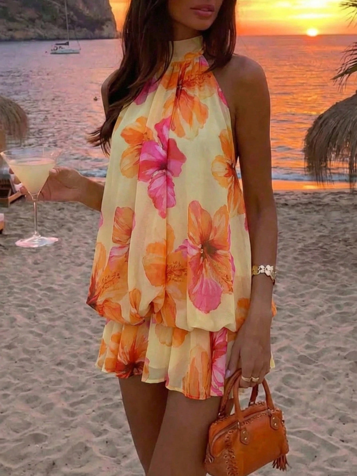 Aloruh Women's Summer Vacation Orange Halter Backless Mini Dress Holiday Holiday Vacation Boho Tropical,Summer Dresses For Women Vacation Beach