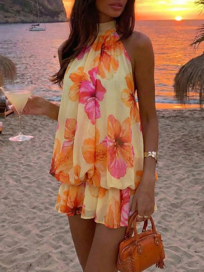 Aloruh Women's Summer Vacation Orange Halter Backless Mini Dress Holiday Holiday Vacation Boho Tropical,Summer Dresses For Women Vacation Beach