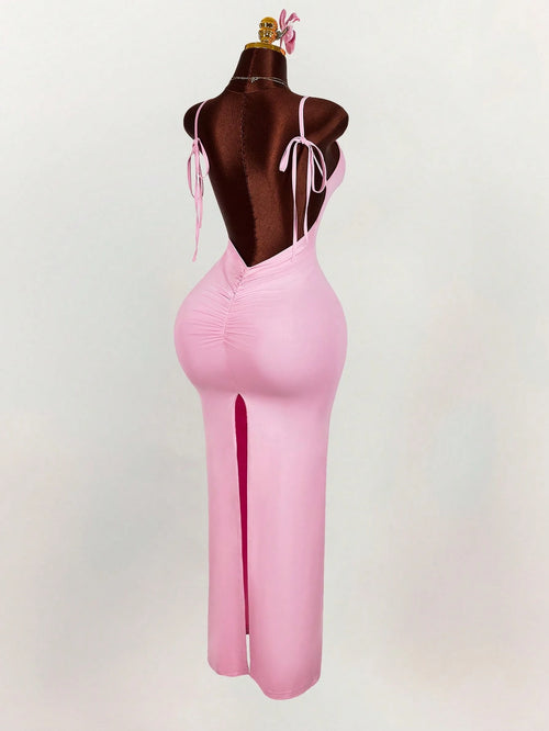 Amplova Generous Neckline Spaghetti Strap Bow Tie Backless Ruched High Slit Bodycon Straight Dress