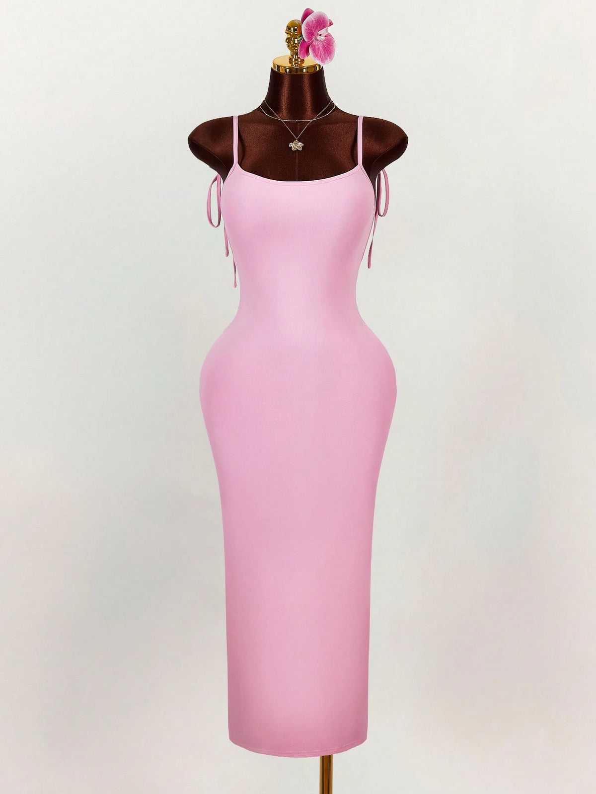 Amplova Generous Neckline Spaghetti Strap Bow Tie Backless Ruched High Slit Bodycon Straight Dress