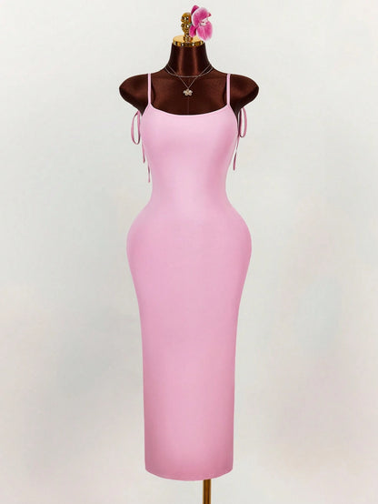 Amplova Generous Neckline Spaghetti Strap Bow Tie Backless Ruched High Slit Bodycon Straight Dress