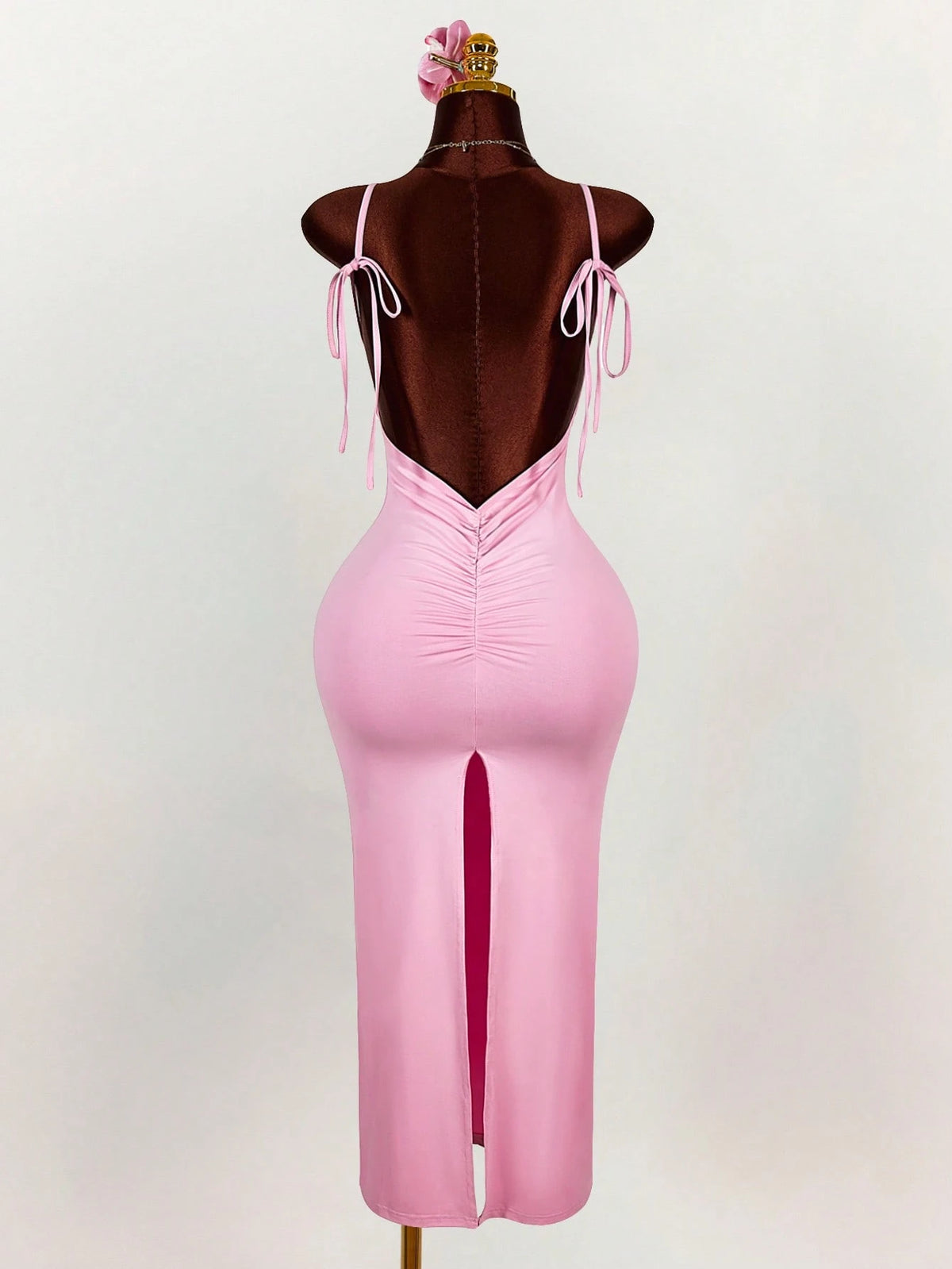 Amplova Generous Neckline Spaghetti Strap Bow Tie Backless Ruched High Slit Bodycon Straight Dress