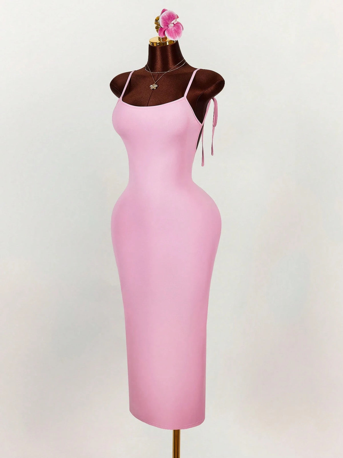 Amplova Generous Neckline Spaghetti Strap Bow Tie Backless Ruched High Slit Bodycon Straight Dress