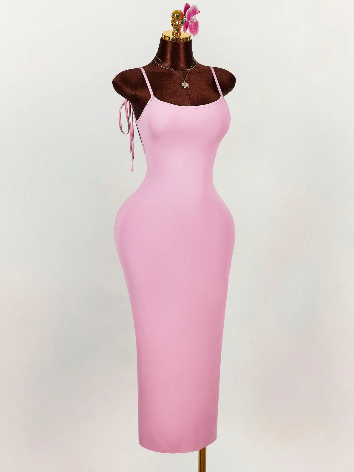 Amplova Generous Neckline Spaghetti Strap Bow Tie Backless Ruched High Slit Bodycon Straight Dress